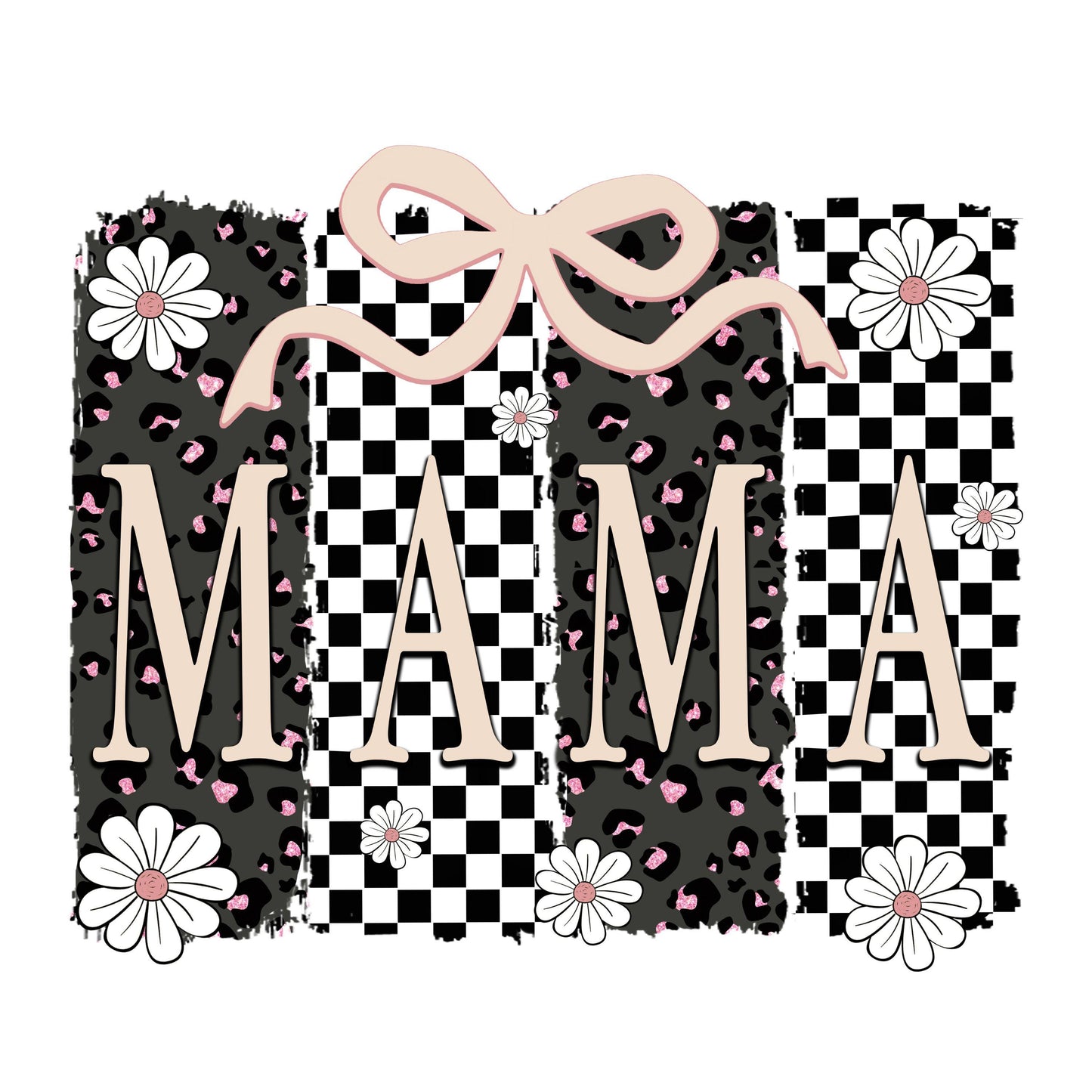 UV DTF Sticker print. Retro checkered Mama with bow brush stroke paint swipe decal, tumbler decal, permanent sticker. #4490