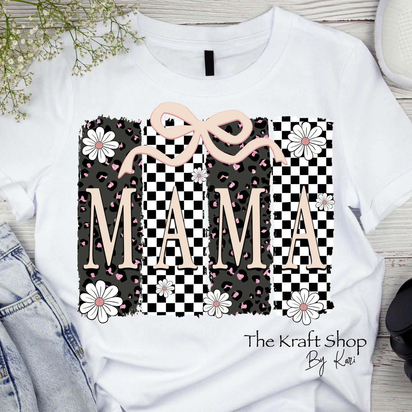 DTF ready to press transfer Retro checkered Mama paint swipe brush stroke with bow shirt transfer, DTF Print#11440