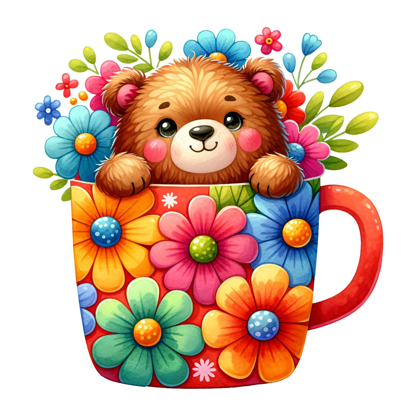 UV DTF Sticker print. Bear in a mug with colorful flowers decal, tumbler decal, permanent sticker. #1068