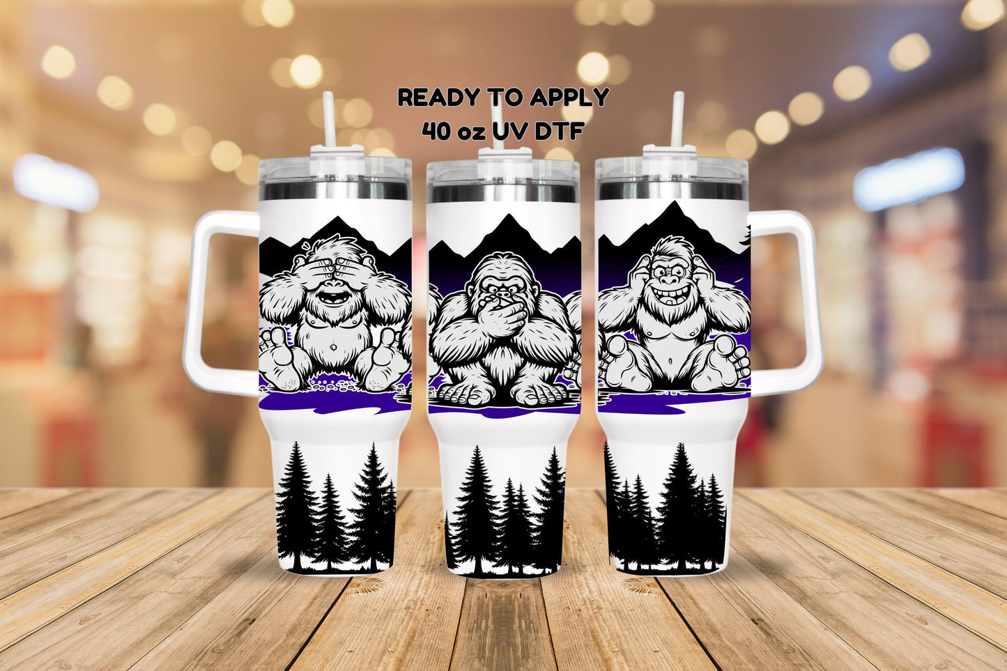 UV DTF 40 oz ready to apply Bigfoot trio silly in the mountains with tree bottom 40oz quencher wrap decal , UV wrap quenchers #3151