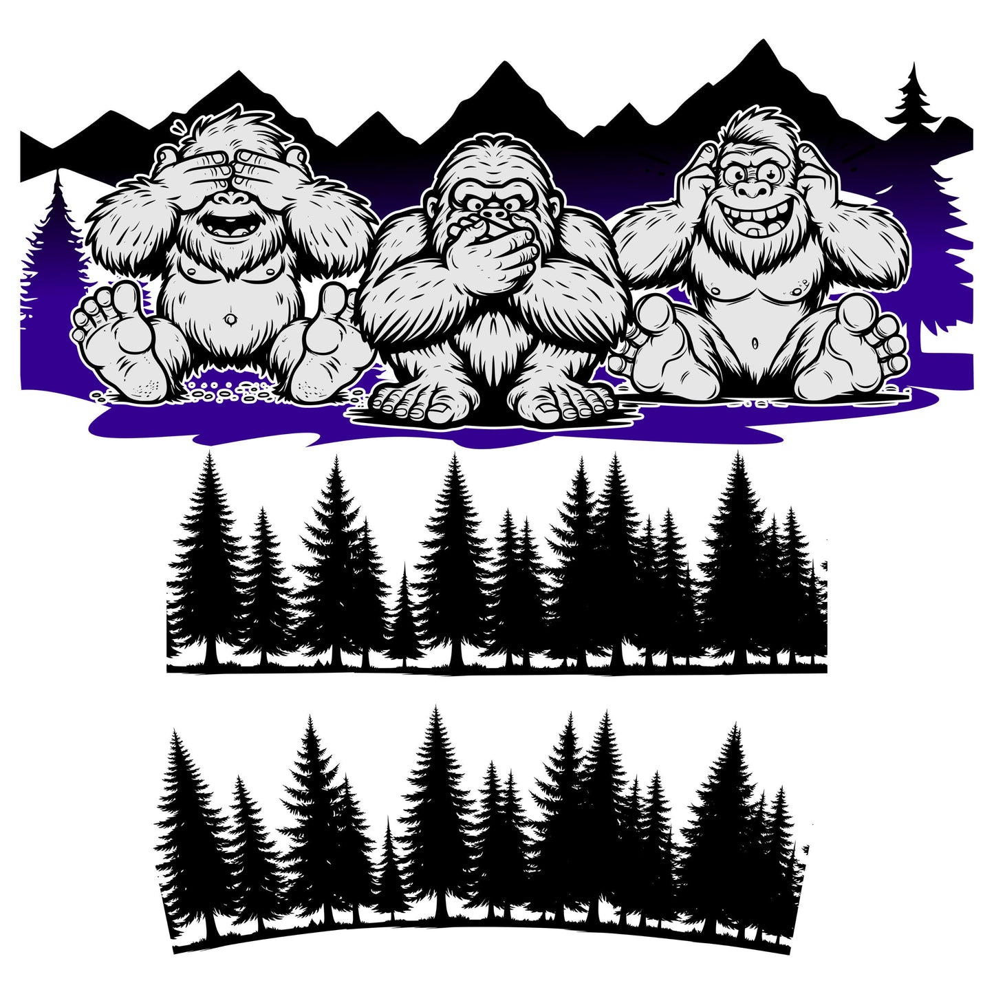 UV DTF 40 oz ready to apply Bigfoot trio silly in the mountains with tree bottom 40oz quencher wrap decal , UV wrap quenchers #3151