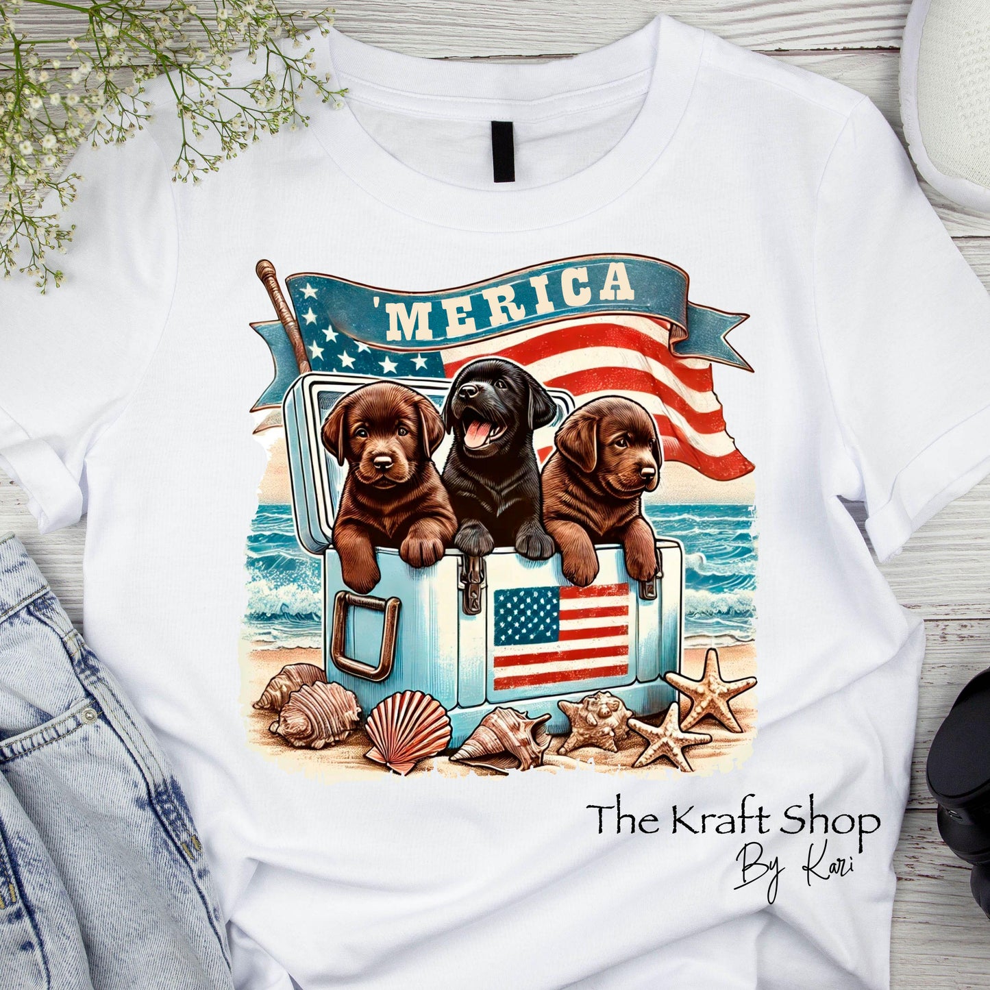 DTF ready to press transfer "Merica labs at the beach with a flag shirt transfer, DTF Print#11444