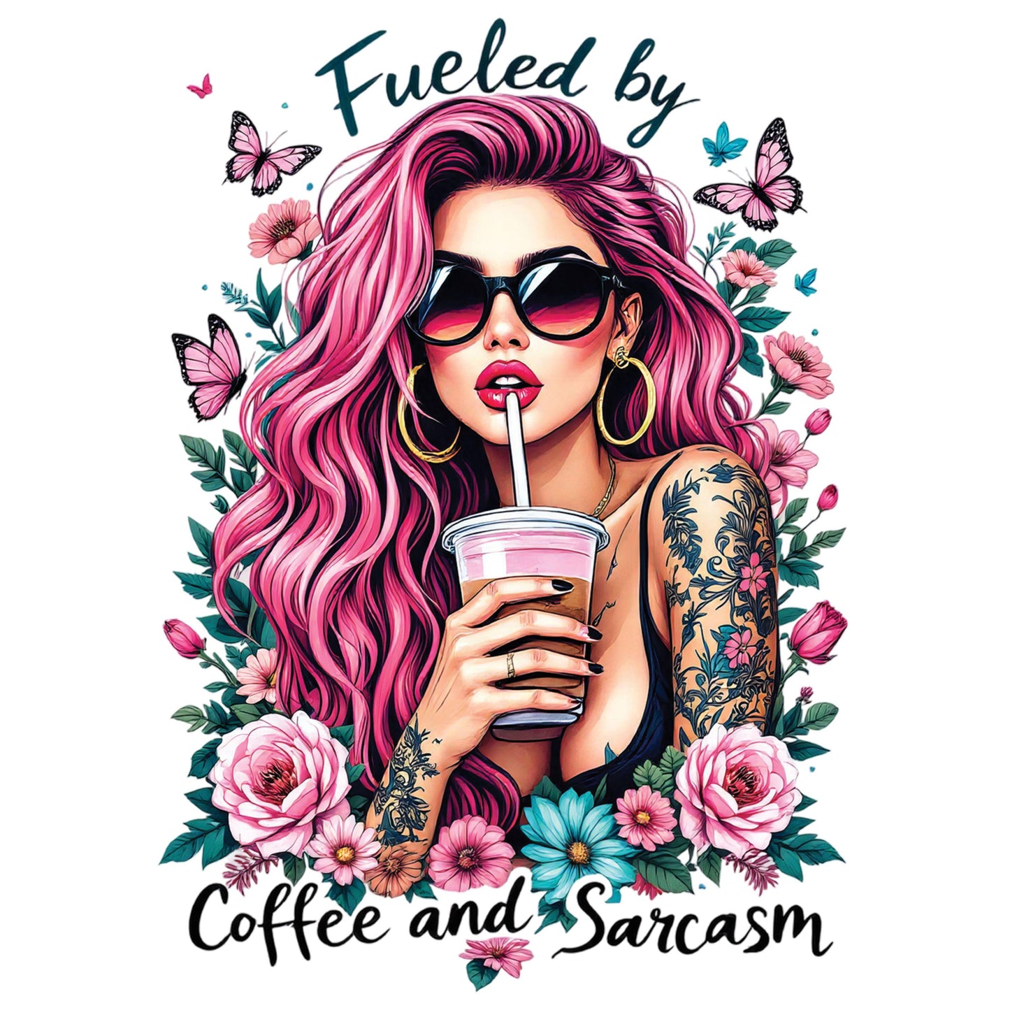 UV DTF Sticker print. Fueled by coffee and sarcasm tattoo girl pink hair decal, tumbler decal, permanent sticker. #4470