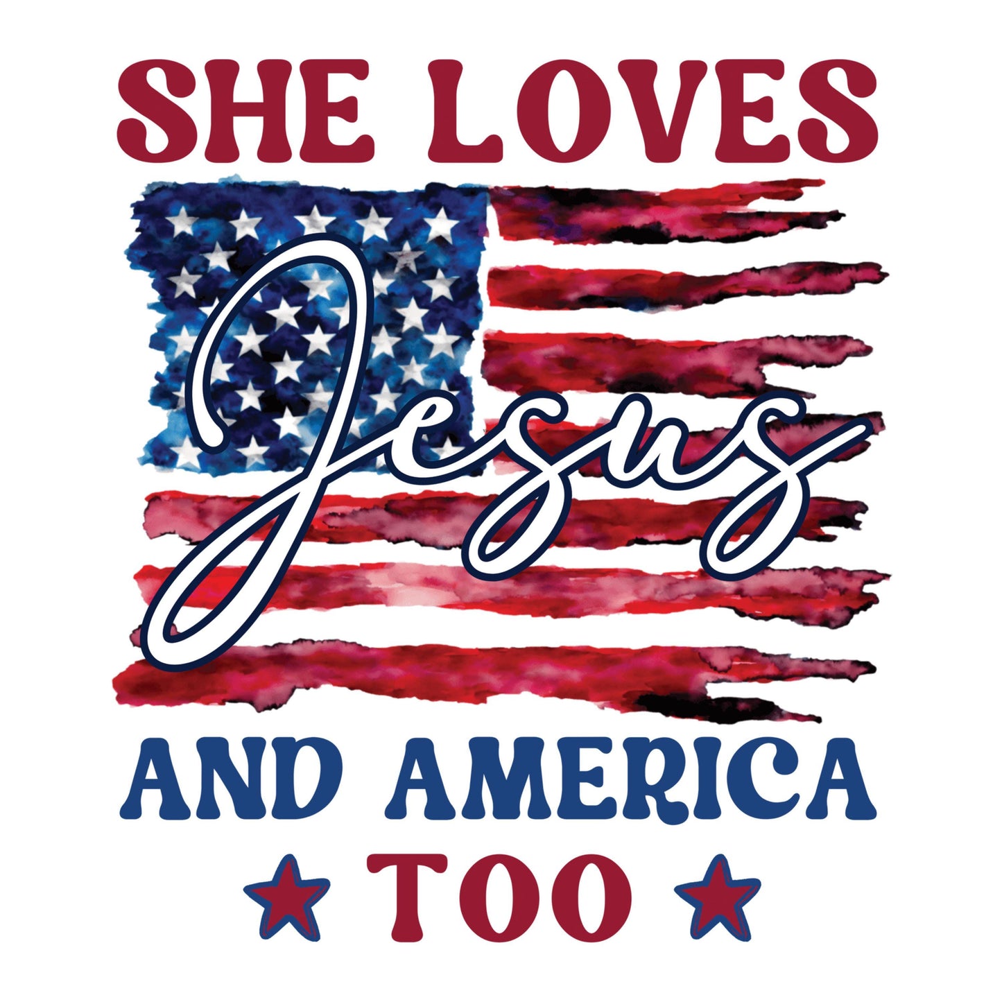 UV DTF Sticker print. She loves Jesus and America Too Patriotic Flag decal, tumbler decal, permanent sticker. #4471