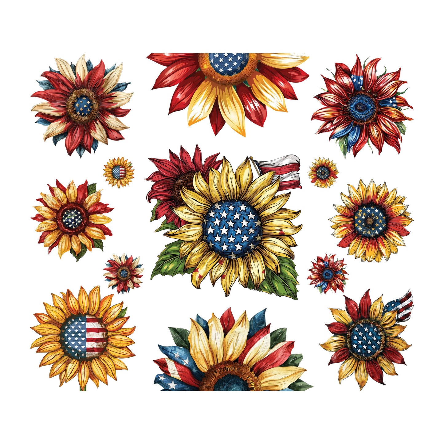 UV DTF Sticker prints. Patriotic Sunflower element sheet bundle decal, permanent sticker. UV wrap for glass can tumbler. #10258