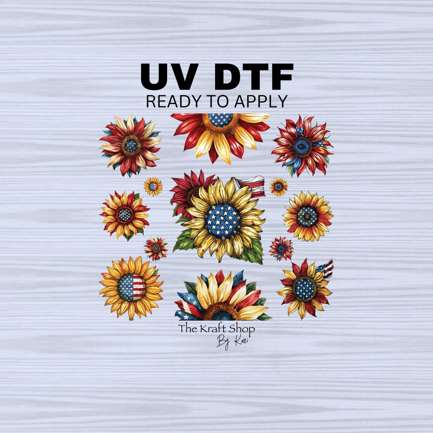 UV DTF Sticker prints. Patriotic Sunflower element sheet bundle decal, permanent sticker. UV wrap for glass can tumbler. #10258