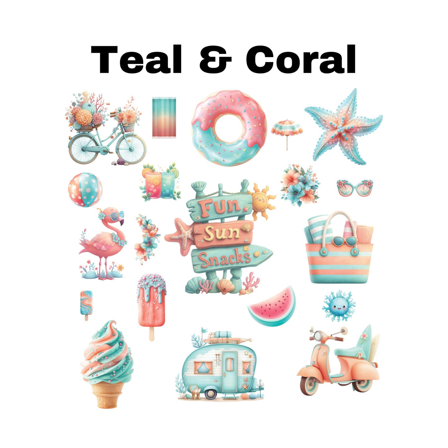 UV DTF Sticker prints. Beach elements sheets bundle of decal, red yellow teal coral blue permanent sticker. #10259