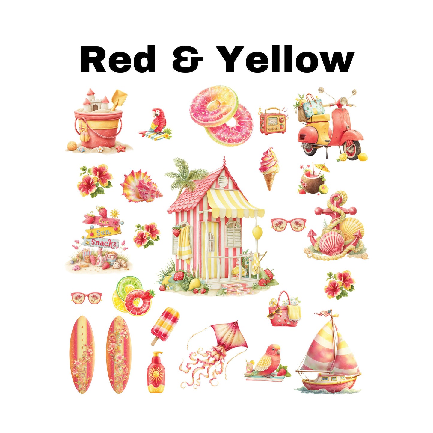UV DTF Sticker prints. Beach elements sheets bundle of decal, red yellow teal coral blue permanent sticker. #10259