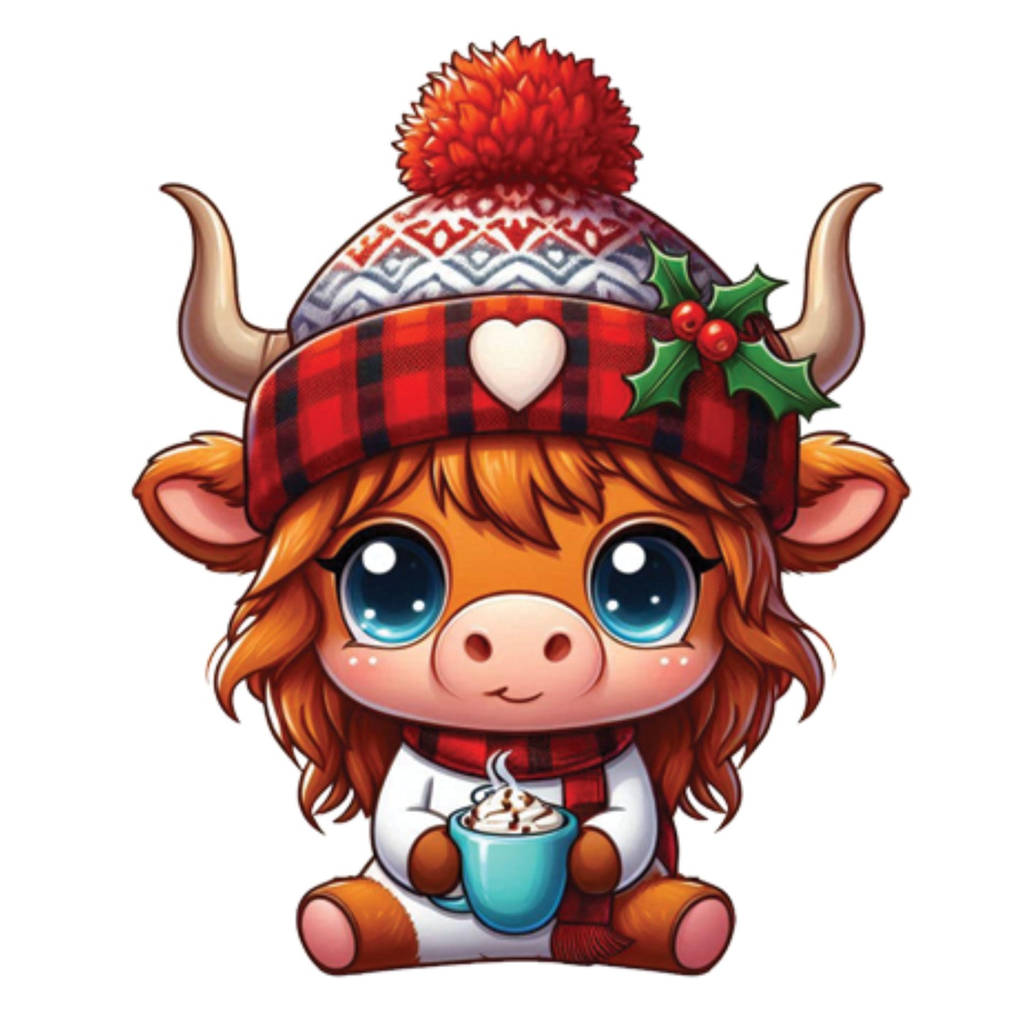 UV DTF Sticker prints. Hot cocoa highland cow with beanie decals, permanent sticker.#1074