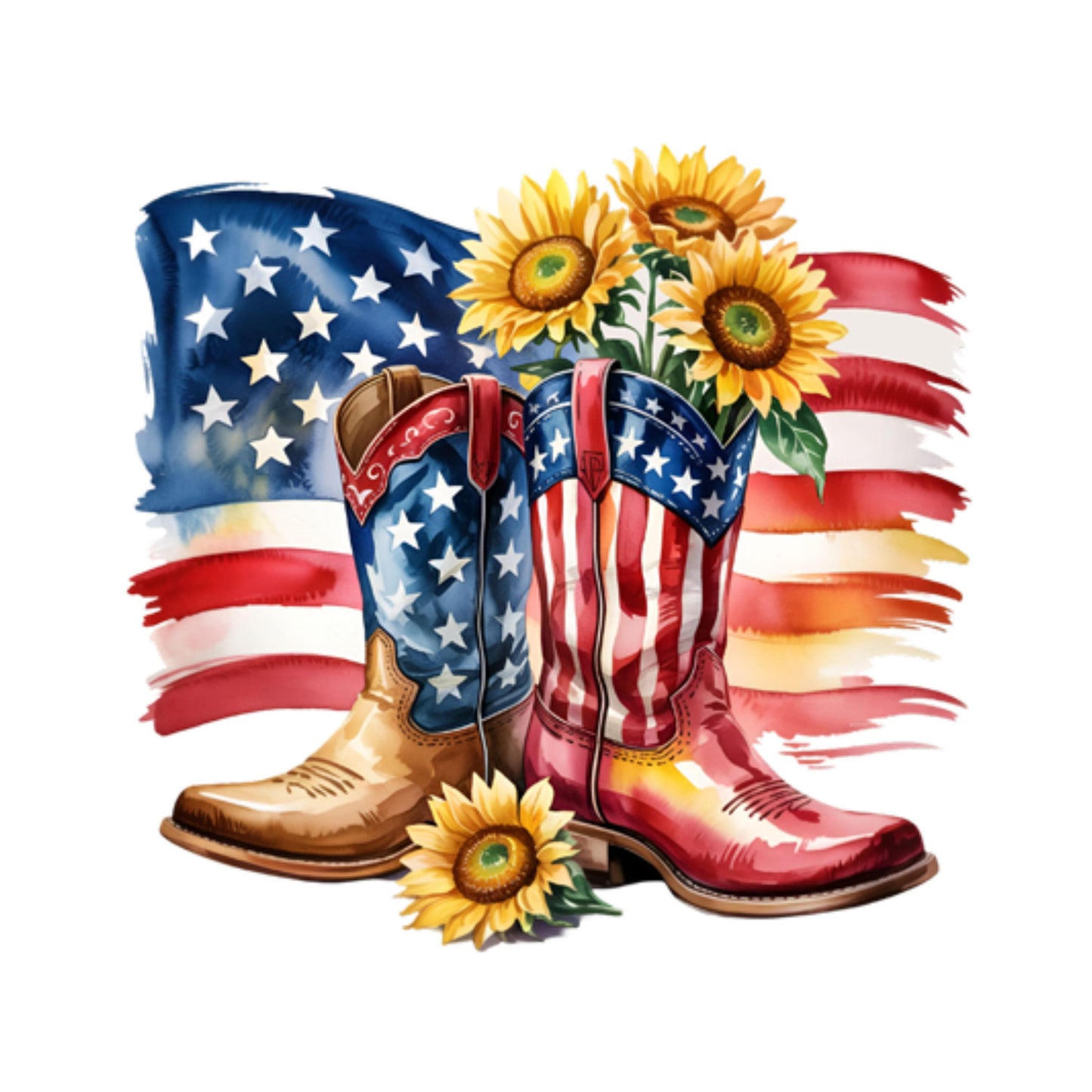 UV DTF Sticker print. American Flag cowgirl boots and sunflowers decal, tumbler decal, permanent sticker. #7294