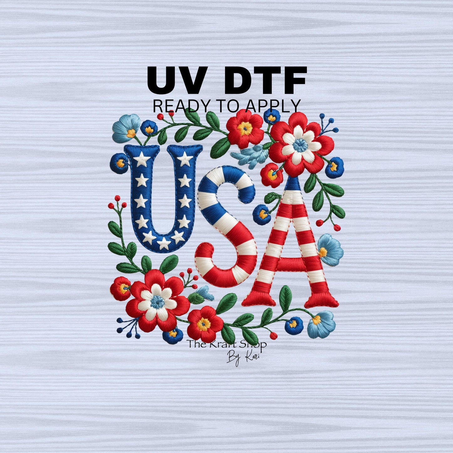 UV DTF Sticker print. Embroidery style USA with flowers decal, tumbler decal, permanent sticker. #7305