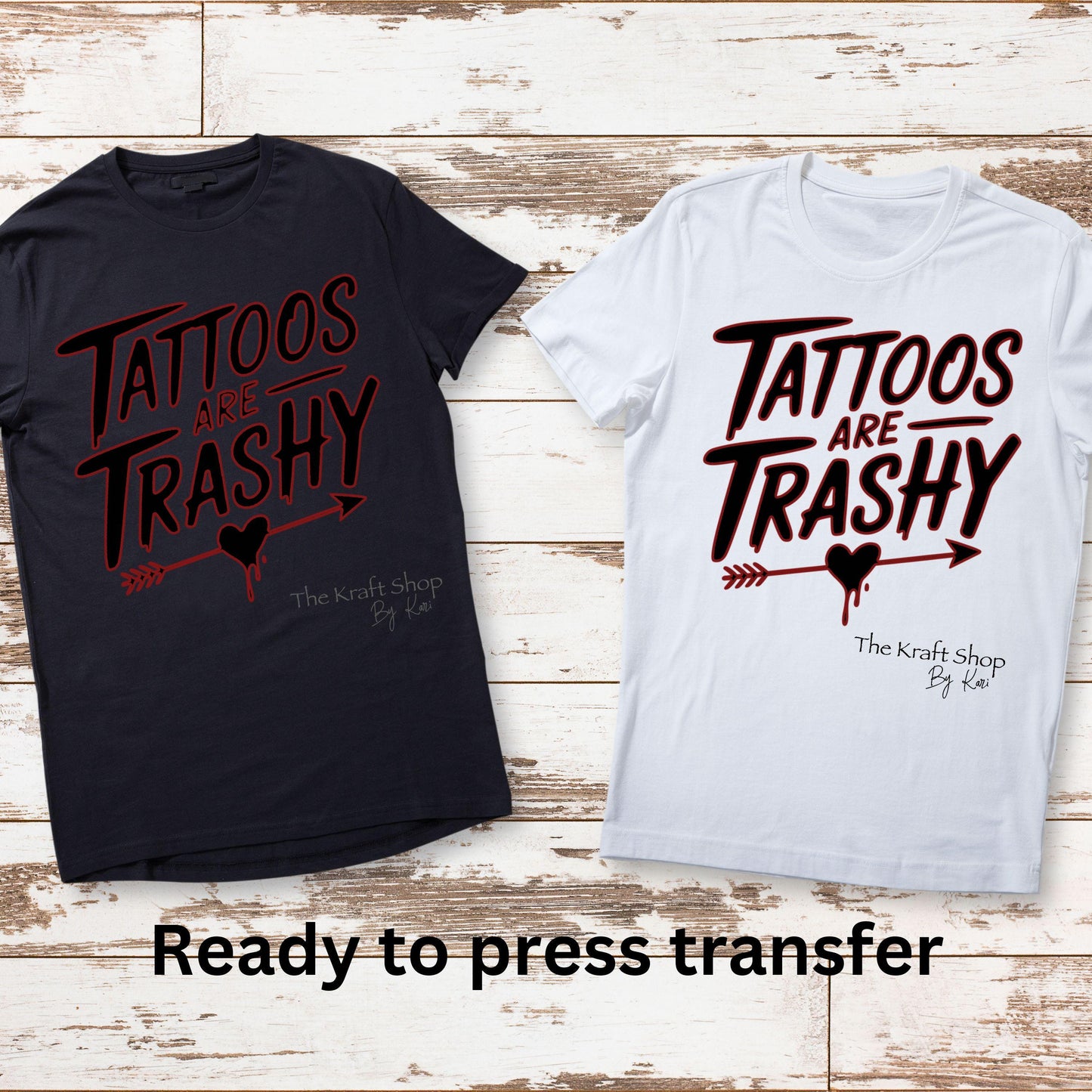 DTF ready to press transfer. Tattoos are trashy black red and white outline. Direct to film heat press transfer. DTF Print #11415