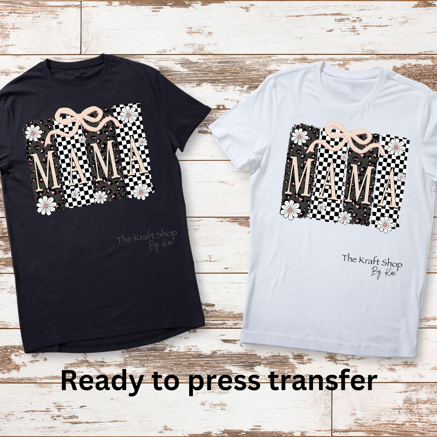 DTF ready to press transfer Retro checkered Mama paint swipe brush stroke with bow shirt transfer, DTF Print#11440