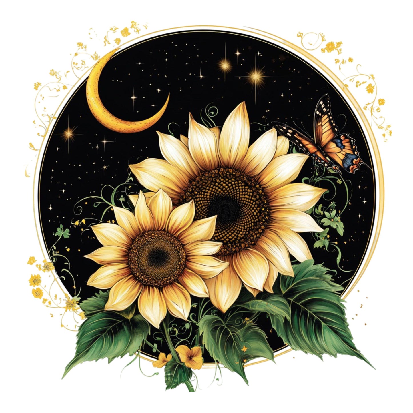 UV DTF Sticker print. Moon sunflowers and butterflies decal, tumbler decal, permanent sticker. #10252