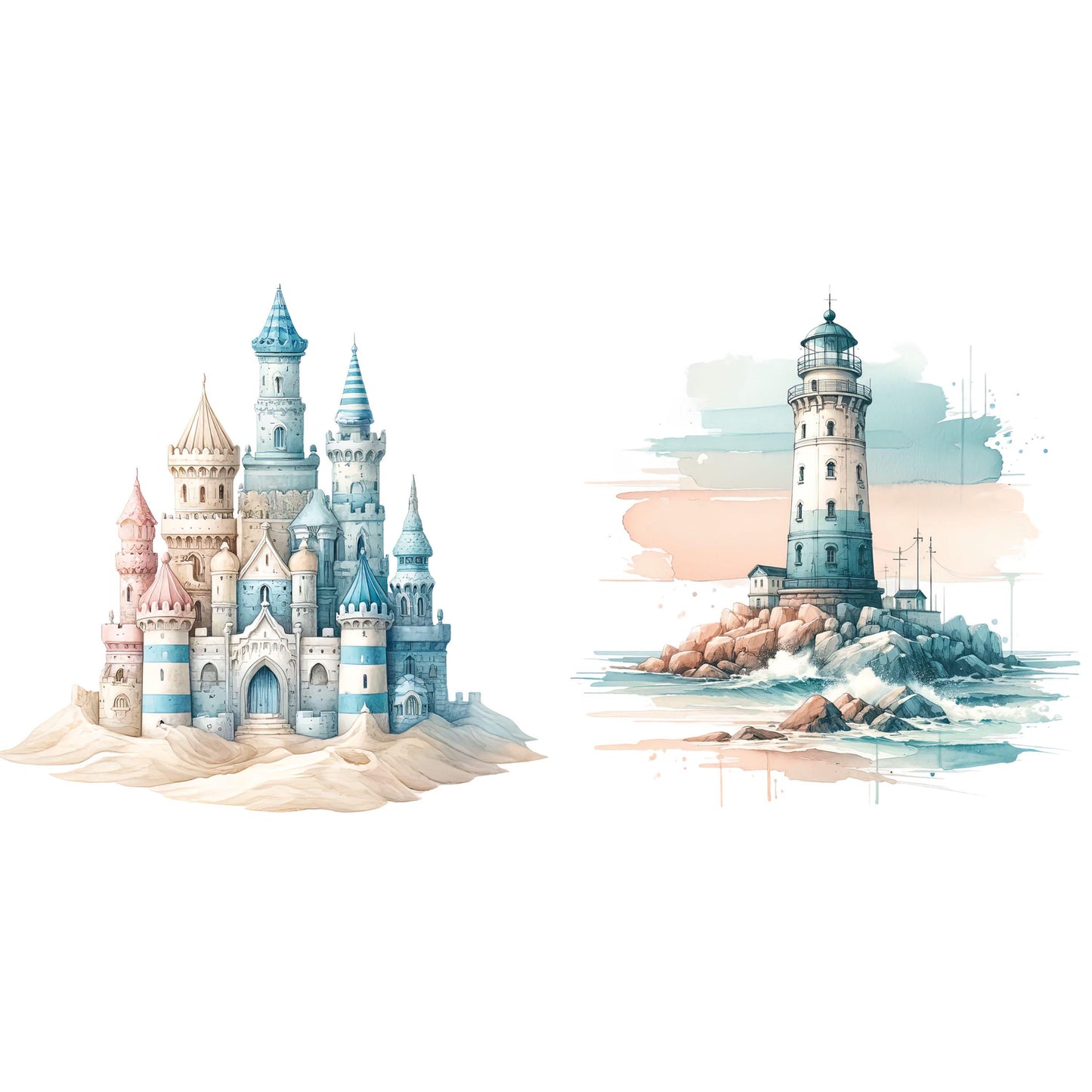 UV DTF Sticker prints. Sandcastle lighthouse bundle of (2) decals, permanent sticker.#10254