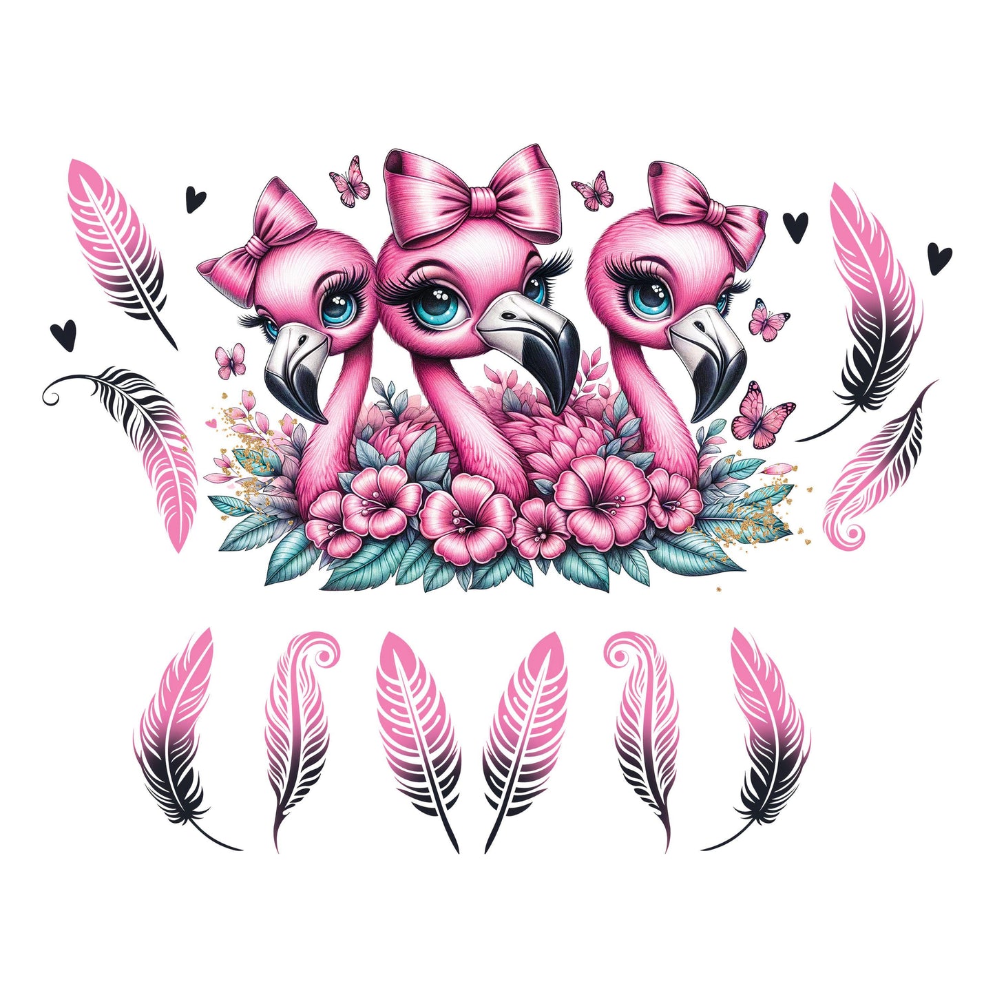 UV DTF 40 oz ready to apply Flamingo trio with pink and black feather bottom 40oz quencher wrap decal , UV wrap quenchers #3151