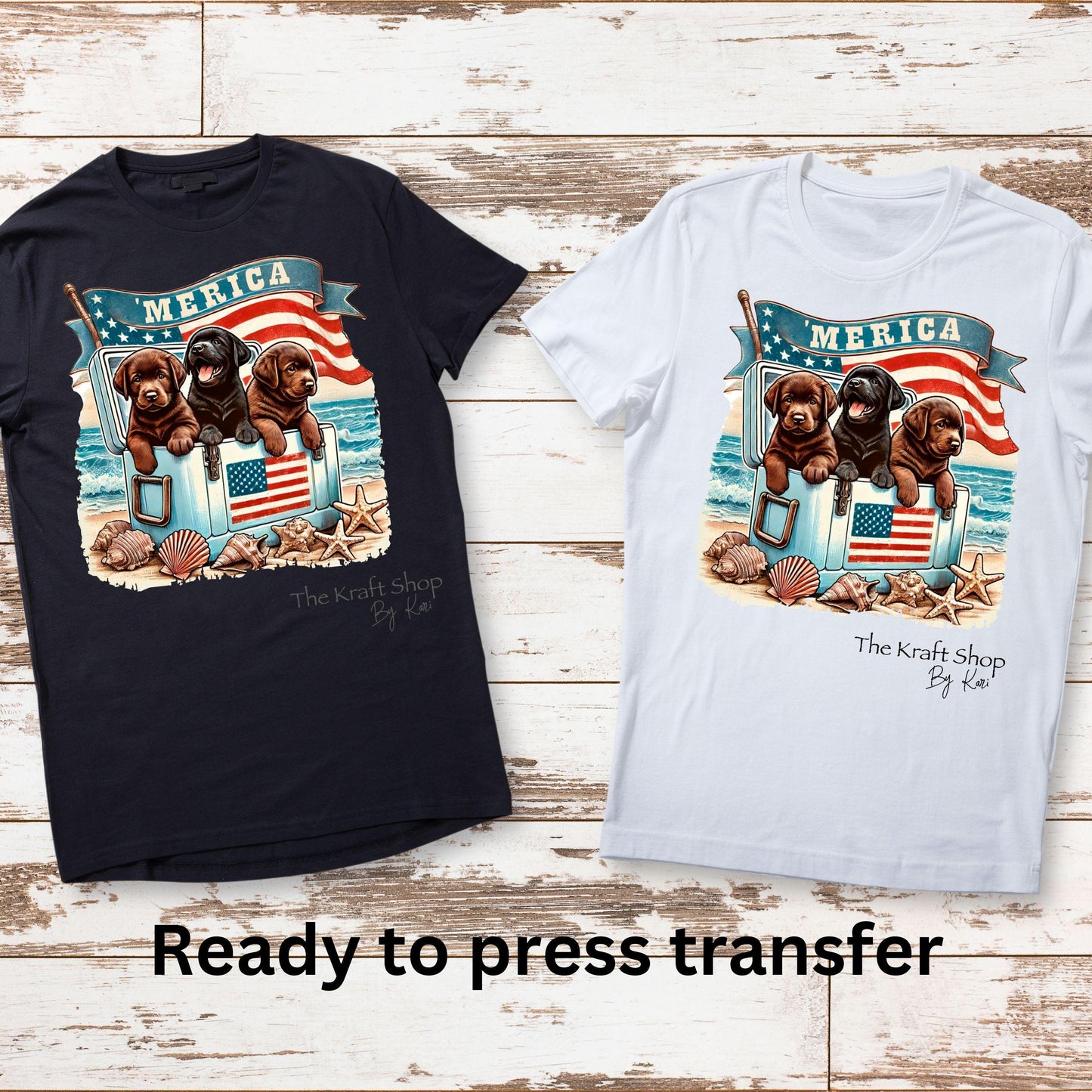 DTF ready to press transfer "Merica labs at the beach with a flag shirt transfer, DTF Print#11444