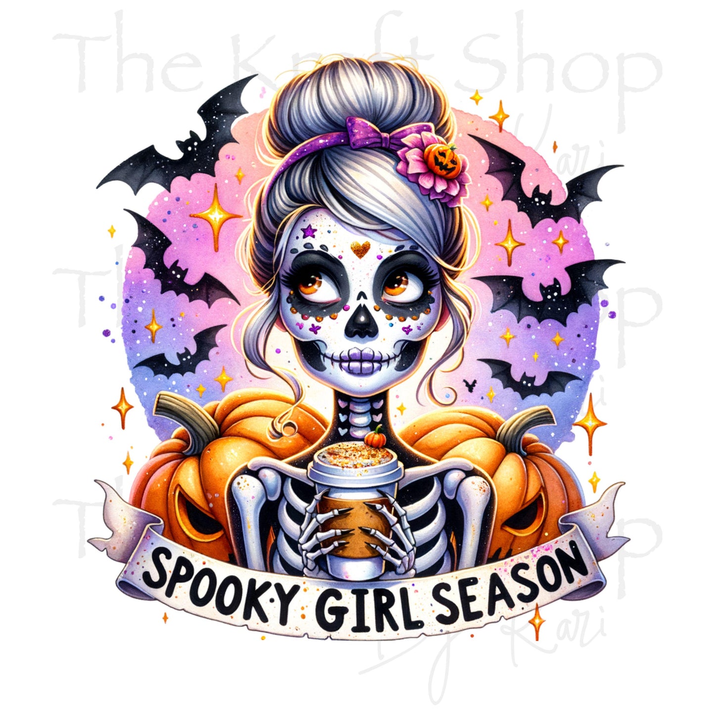 UV DTF Sticker print. Spooky girl season mom bun with coffee and bats sarcastic humor decal permanent sticker tumbler decal #4526