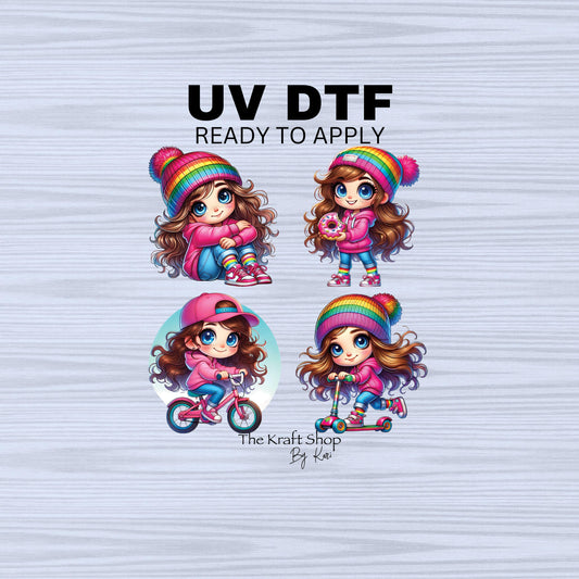 UV DTF Sticker prints. Cute pink girl with rainbow beanie or baseball cap bundle of 4 decals, permanent sticker.#10262