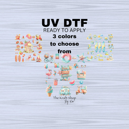 UV DTF Sticker prints. Beach elements sheets bundle of decal, red yellow teal coral blue permanent sticker. #10259