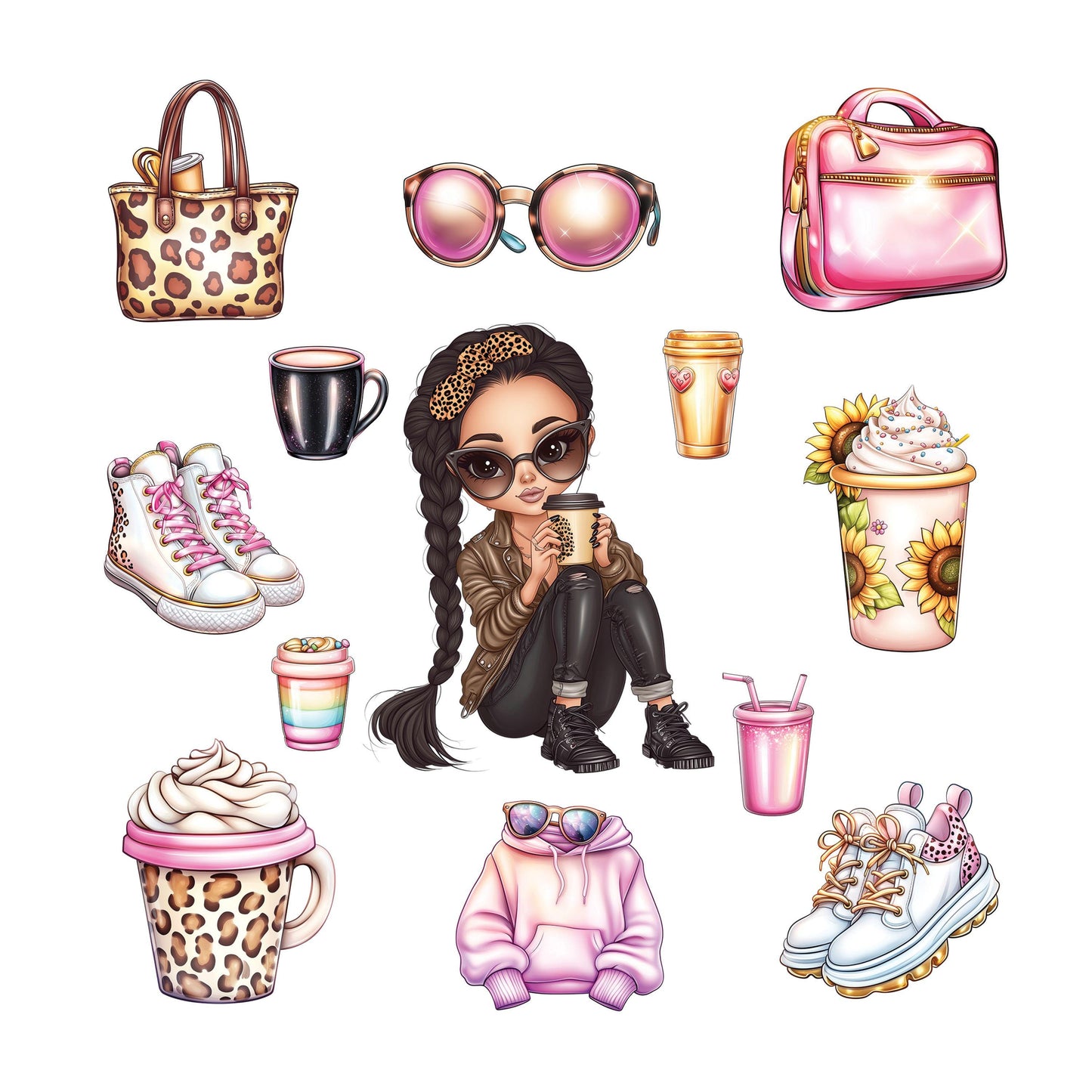 UV DTF Sticker prints. Braided sassy coffee Mom with sunglasses elements sheets bundle of decals, permanent sticker. #10264