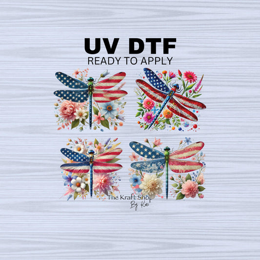 UV DTF Sticker prints. American dragonfly Patriotic 4th of July bundle of 4 decals, permanent sticker.#7315