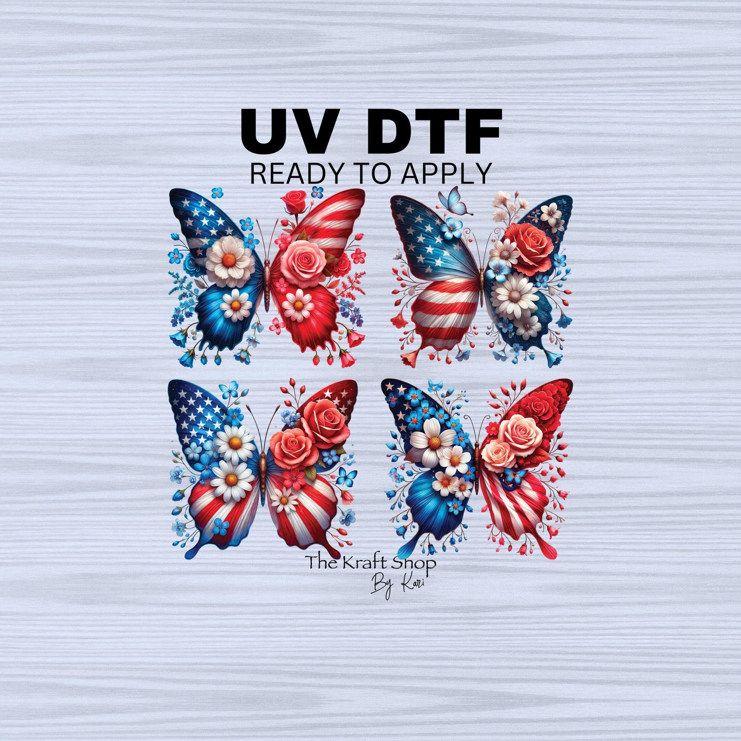 UV DTF Sticker prints. American butterfly Patriotic 4th of July bundle of 4 decals, permanent sticker.#7316