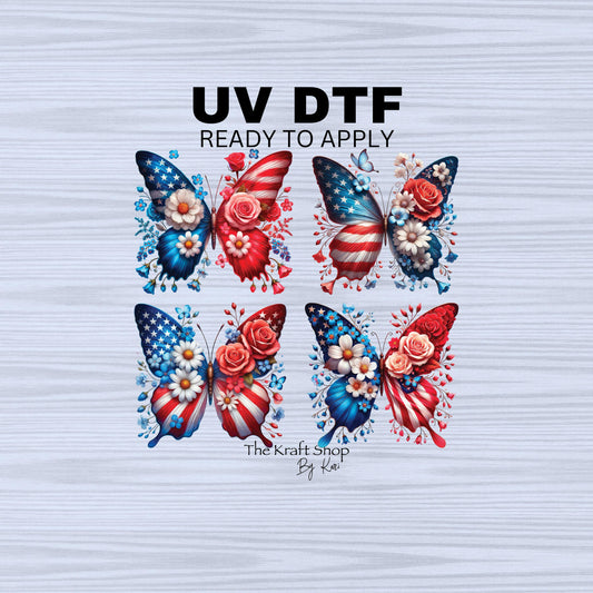 UV DTF Sticker prints. American butterfly Patriotic 4th of July bundle of 4 decals, permanent sticker.#7316