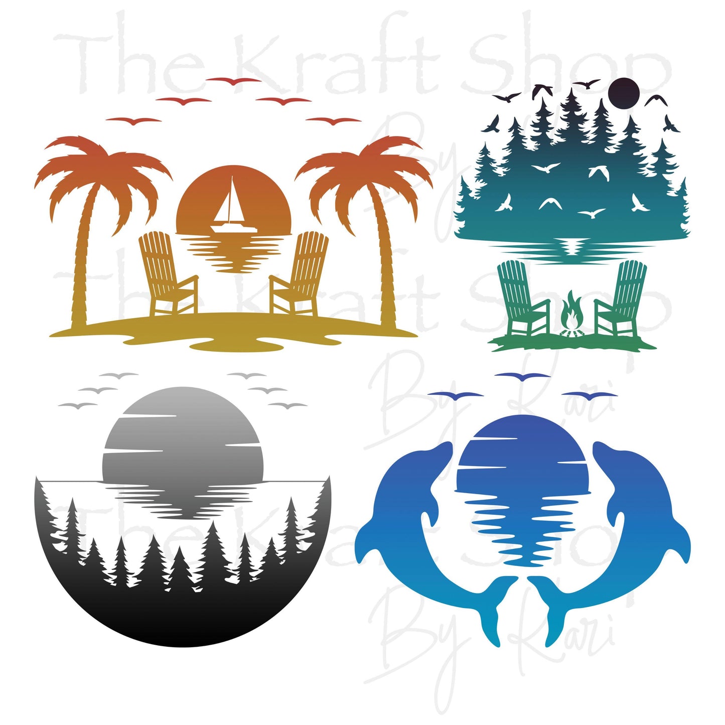 UV DTF Sticker prints. Scenic Sunset bundle of 4 decals in all black or ombre, permanent sticker.#10275