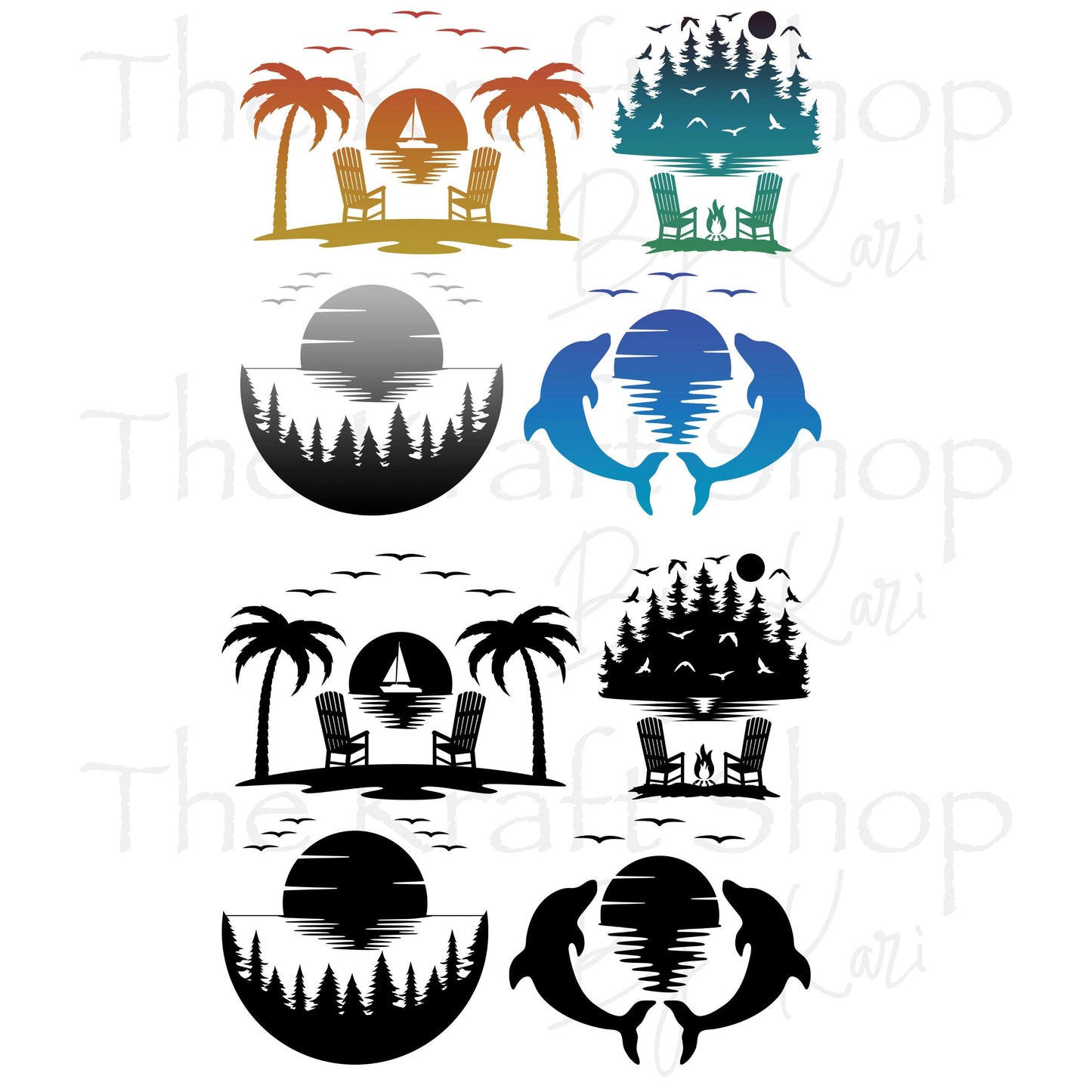 UV DTF Sticker prints. Scenic Sunset bundle of 4 decals in all black or ombre, permanent sticker.#10275