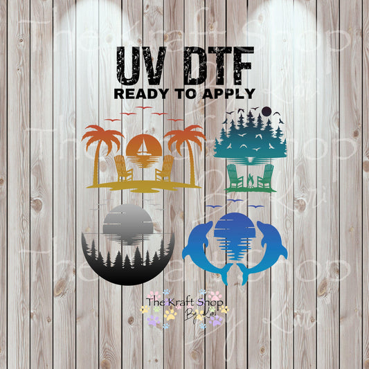 UV DTF Sticker prints. Scenic Sunset bundle of 4 decals in all black or ombre, permanent sticker.#10275