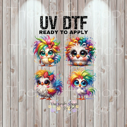 UV DTF Sticker prints. Rainbow crazy chicken bundle of 4 decals with flowers, permanent sticker.#1078