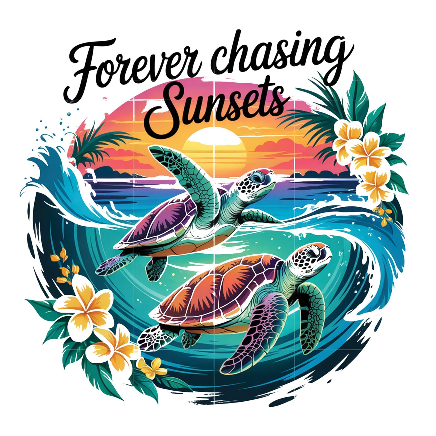 UV DTF Sticker print. Forever chasing sunsets turtles in a sunset circle permanent sticker tumbler decal #4536