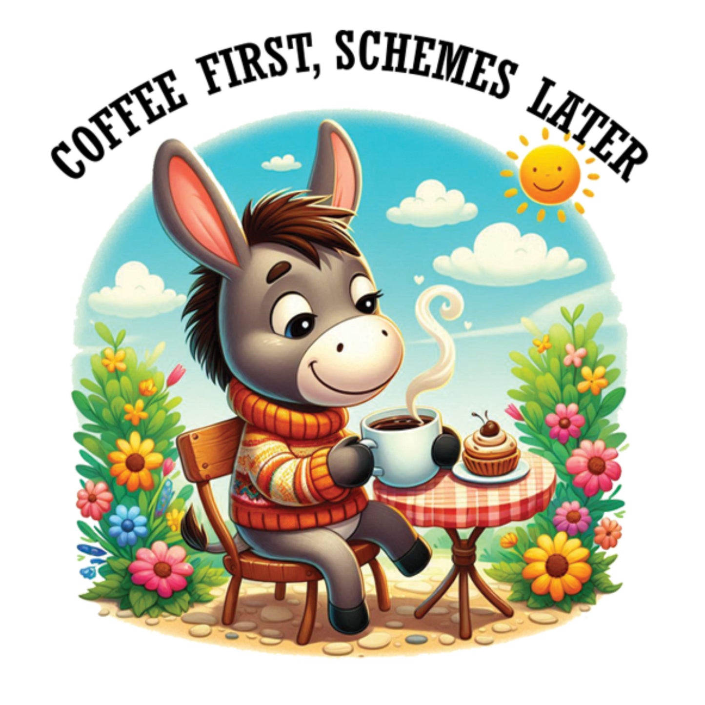 UV DTF Sticker print. Donkey drinking coffee. Coffee first, schemes later permanent sticker tumbler decal #4544
