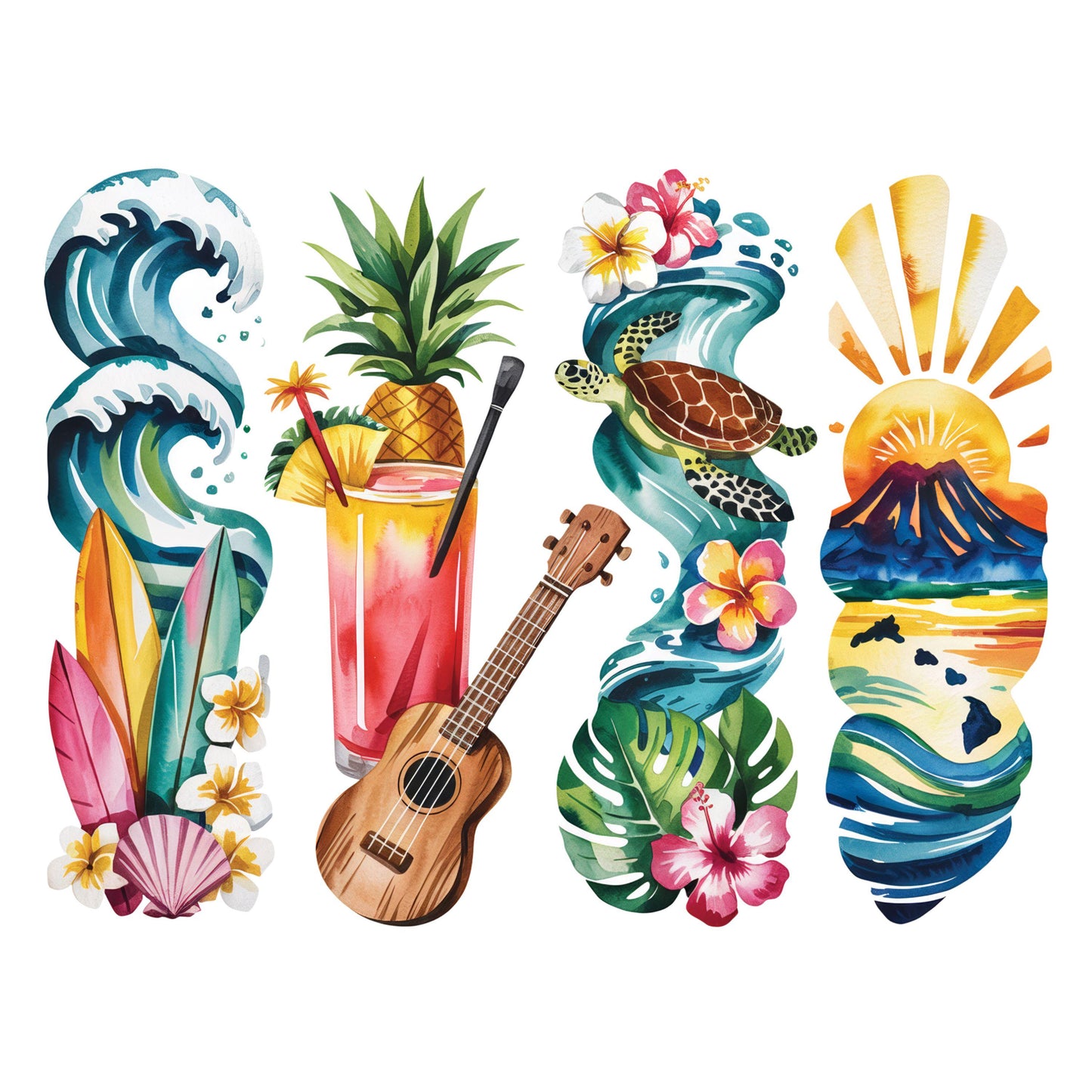 UV DTF Sticker print. Hawaii sunset turtles flowers pineapple paint swipe brush stroke wrap decal, tumbler decal #5347