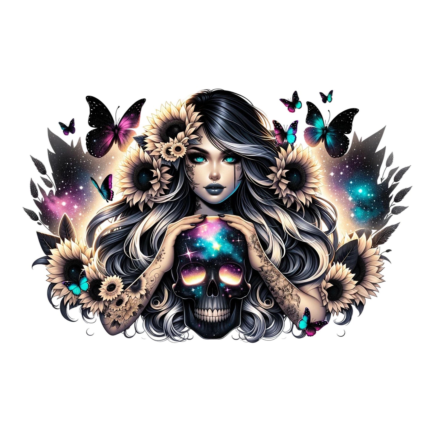 UV DTF Sticker print. Girl with tattoos and skull goth wrap decals tumbler decal. Glass can wrap. #5348