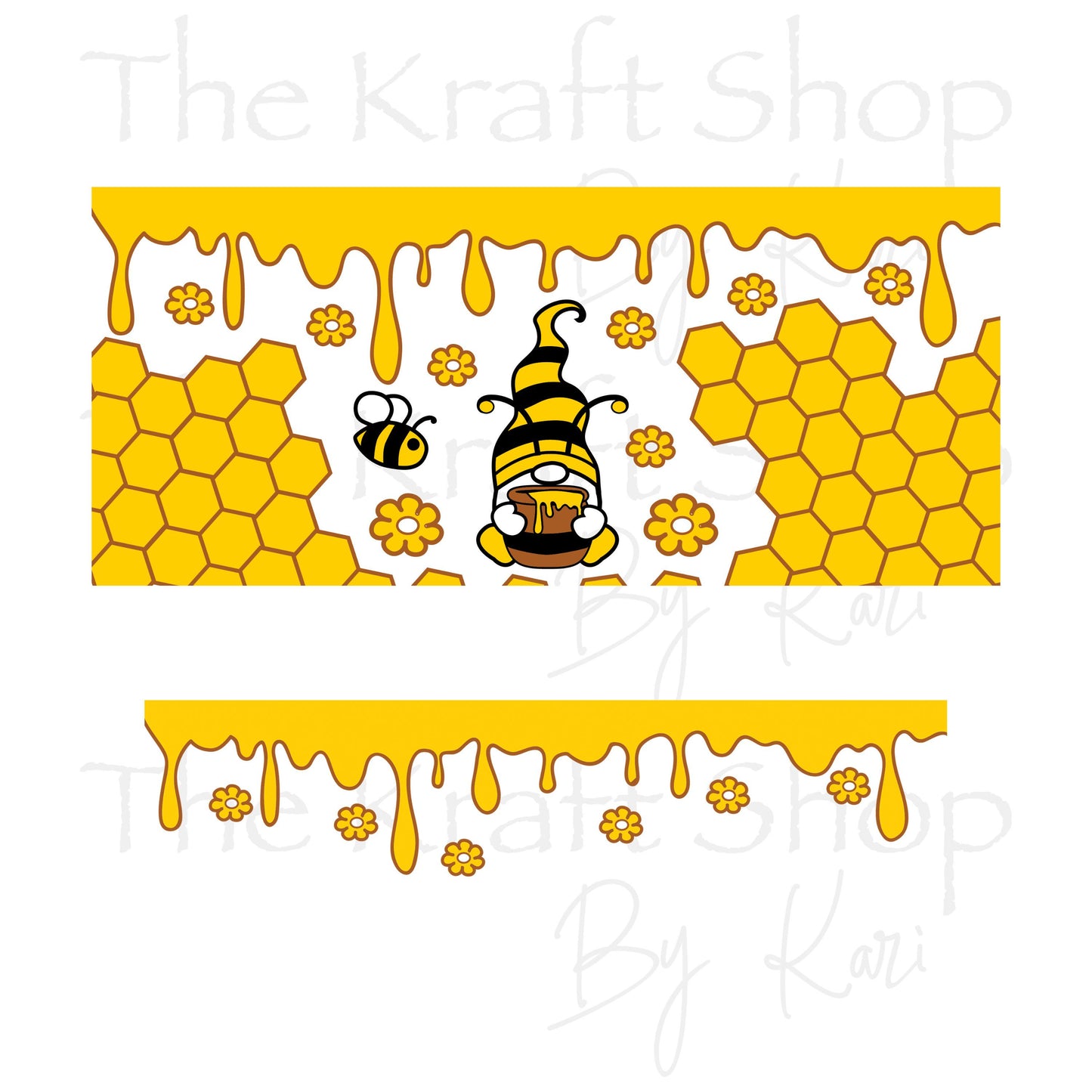 UV DTF 40 oz ready to apply Gnome Honey Bee drip and honeycomb wrap. Permanent sticker. UV wrap quencher #3159