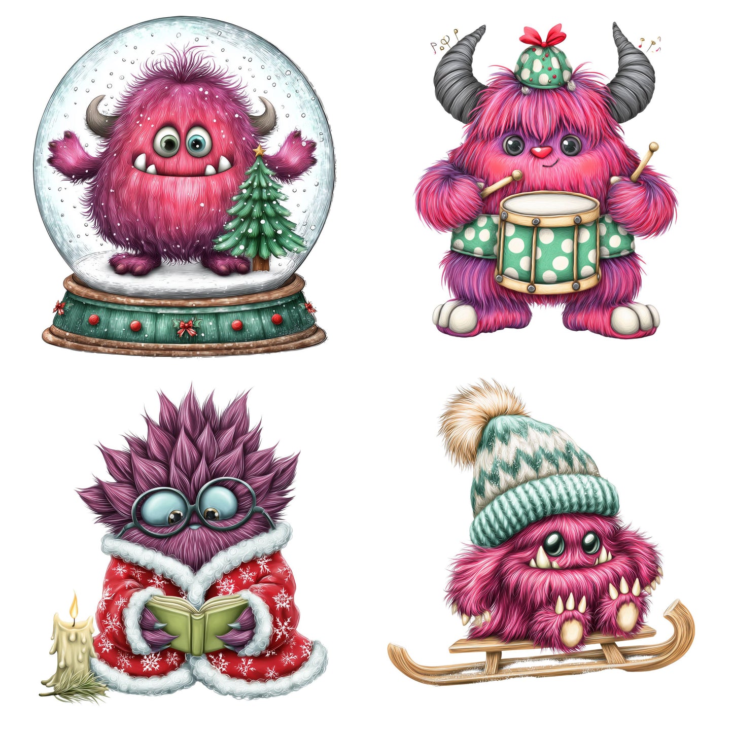 UV DTF Sticker prints. Christmas Monster bundle of 4 decals, permanent sticker.#7331