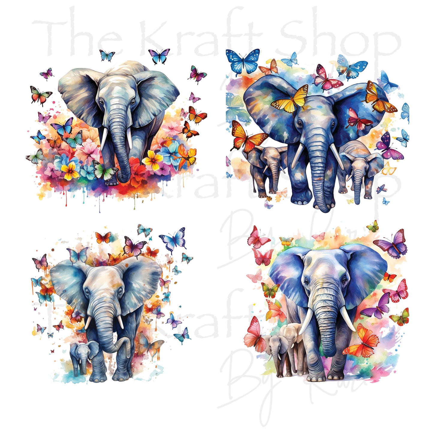 UV DTF Sticker prints. Elephants bundle of 4 decals with butterflies and flowers, permanent sticker.#1075