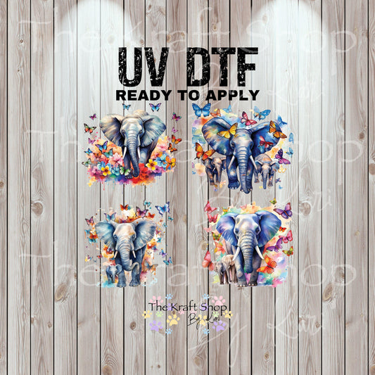 UV DTF Sticker prints. Elephants bundle of 4 decals with butterflies and flowers, permanent sticker.#1075