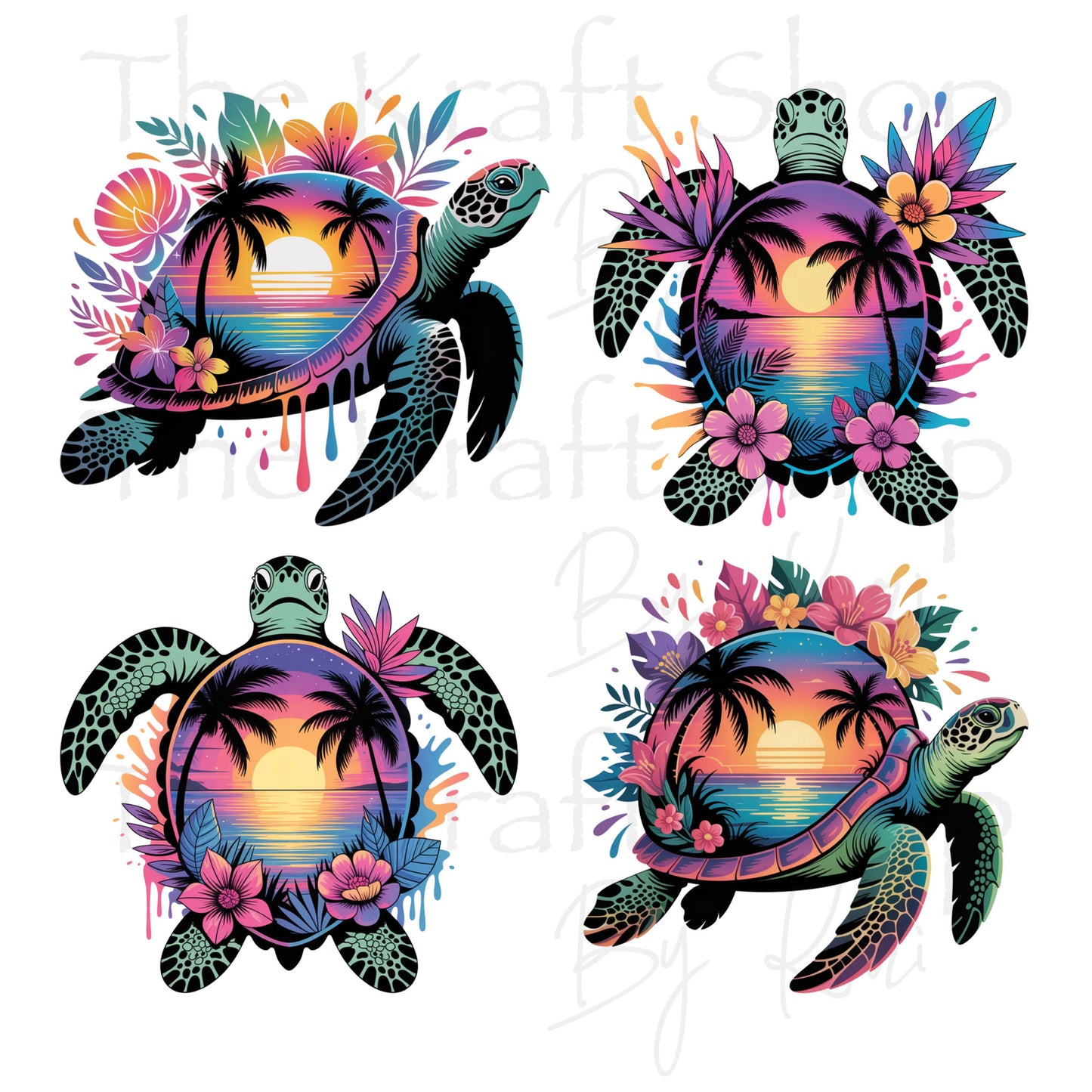 UV DTF Sticker prints. Sunset turtle bundle of 4 decals with flowers, permanent sticker.#1076
