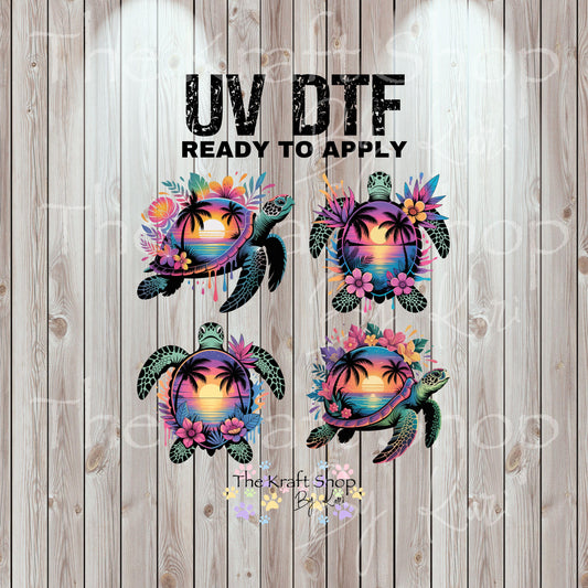 UV DTF Sticker prints. Sunset turtle bundle of 4 decals with flowers, permanent sticker.#1076