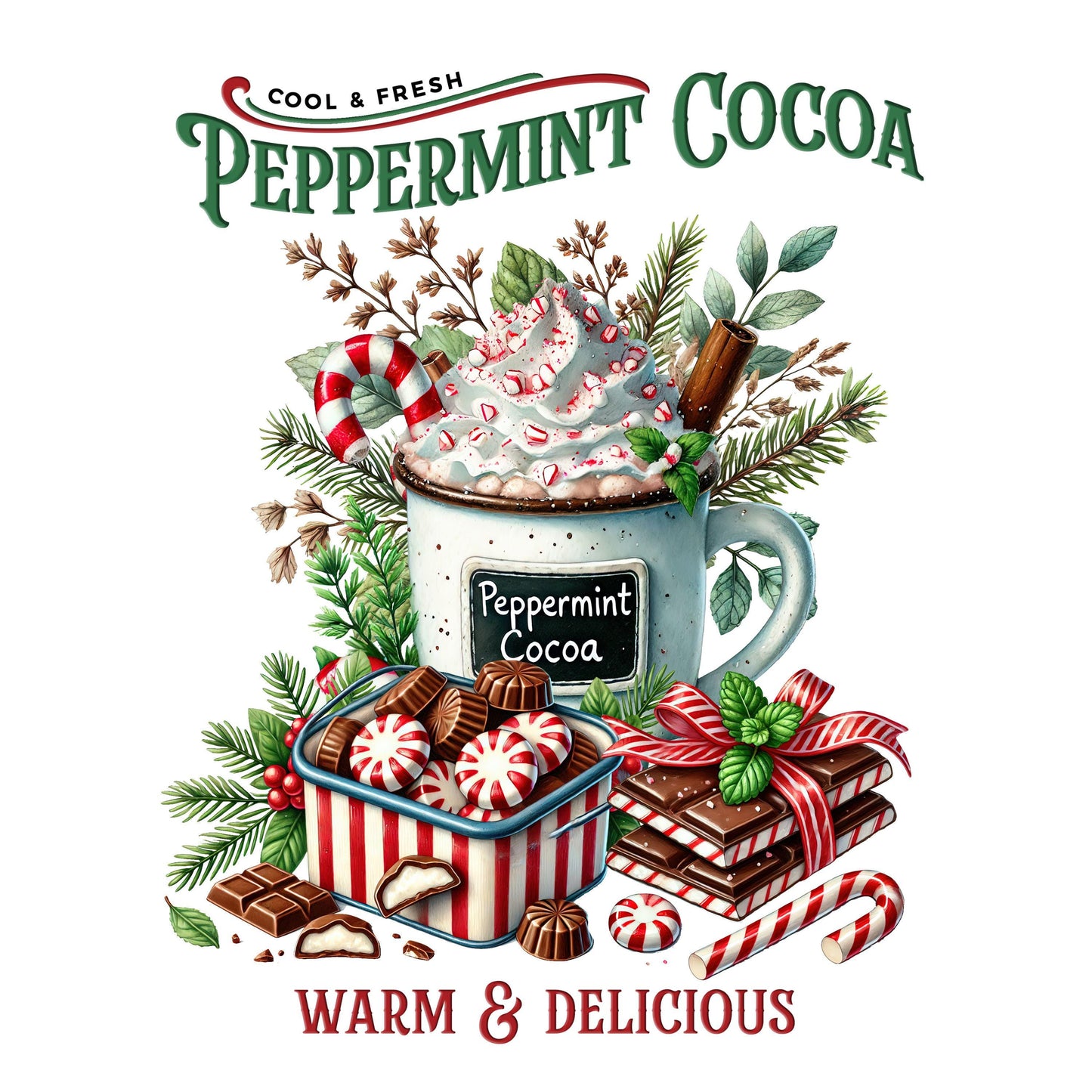 UV DTF Sticker print. Peppermint cocoa Christmas label decal, tumbler decal, permanent sticker. #7334