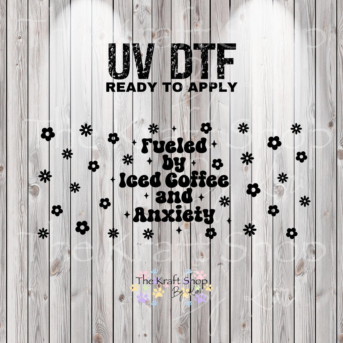 UV DTF Sticker print. Fueled by iced coffee glass can wrap decal, tumbler decal, permanent sticker. UV wrap for glass can tumbler. #5362