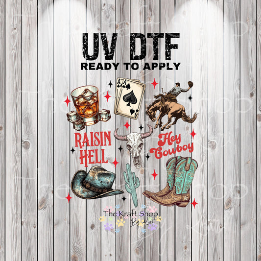 UV DTF Sticker print. Raisin hell western collage element bundle of decals, tumbler decal. #2033