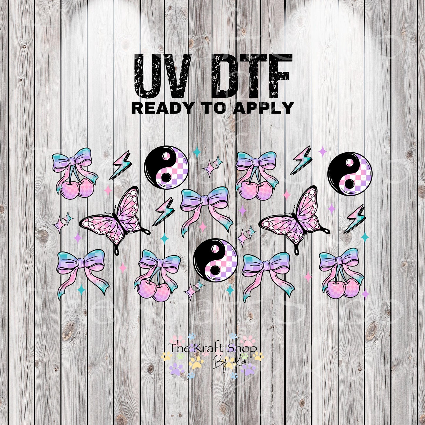 UV DTF Sticker print. GIrly Retro cherry Ying yang butterflies for glass can wrap decal, tumbler decal, permanent sticker. #5376