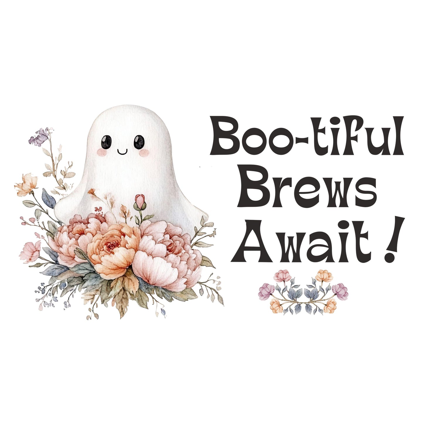 UV DTF Sticker print. Boo-tiful brews await Halloween ghost for glass can wrap decal, tumbler decal, permanent sticker. #5380