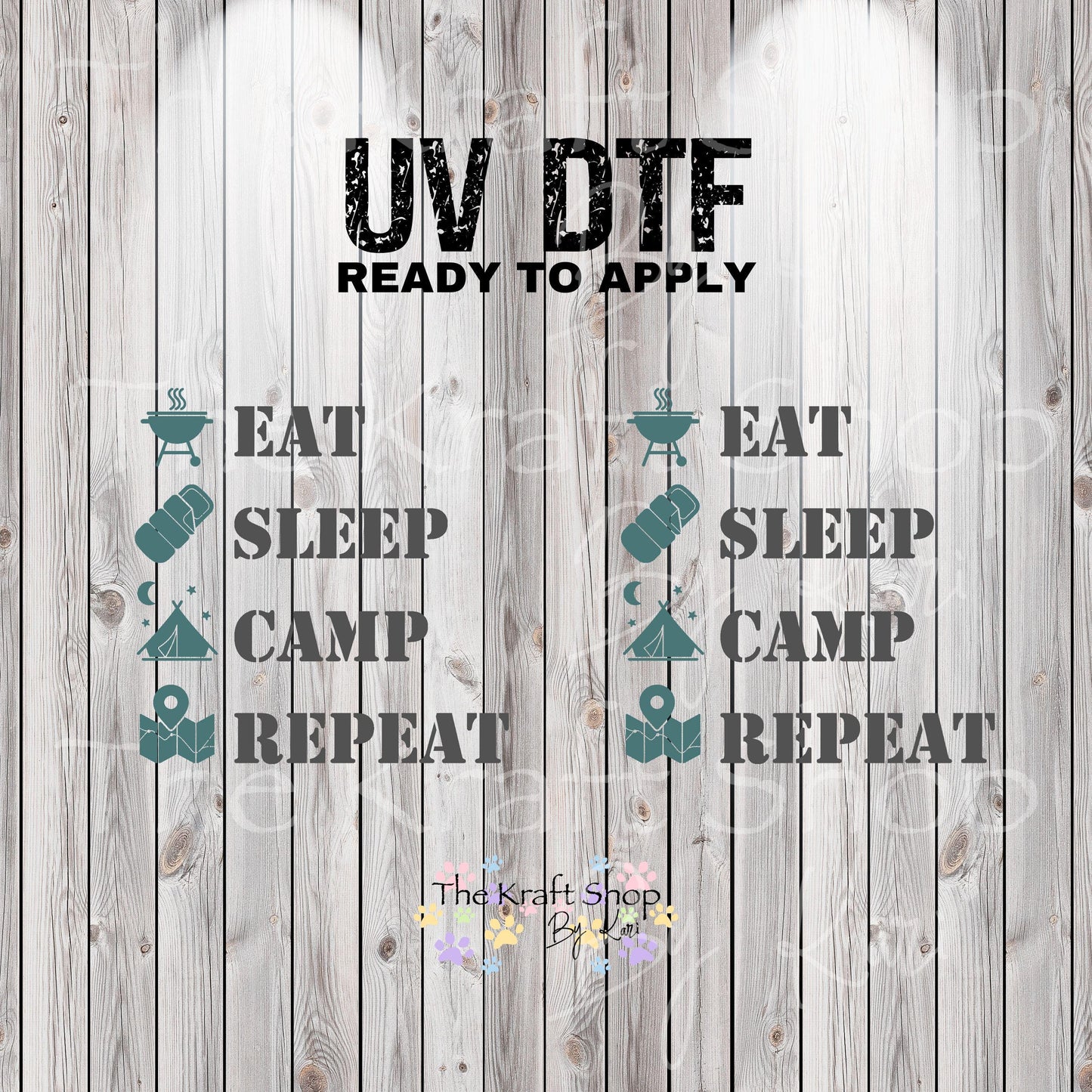 UV DTF Sticker print. Eat Sleep Camp Repeat glass can wrap decal, tumbler decal, permanent sticker. #5390