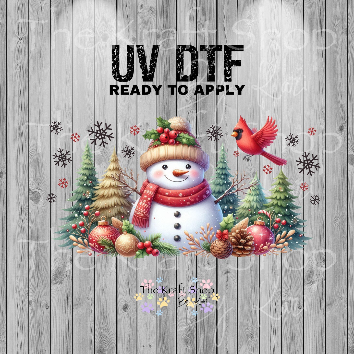 UV DTF Sticker print. Snowman and cardinal work glass can wrap decal, tumbler decal, permanent sticker. #5401