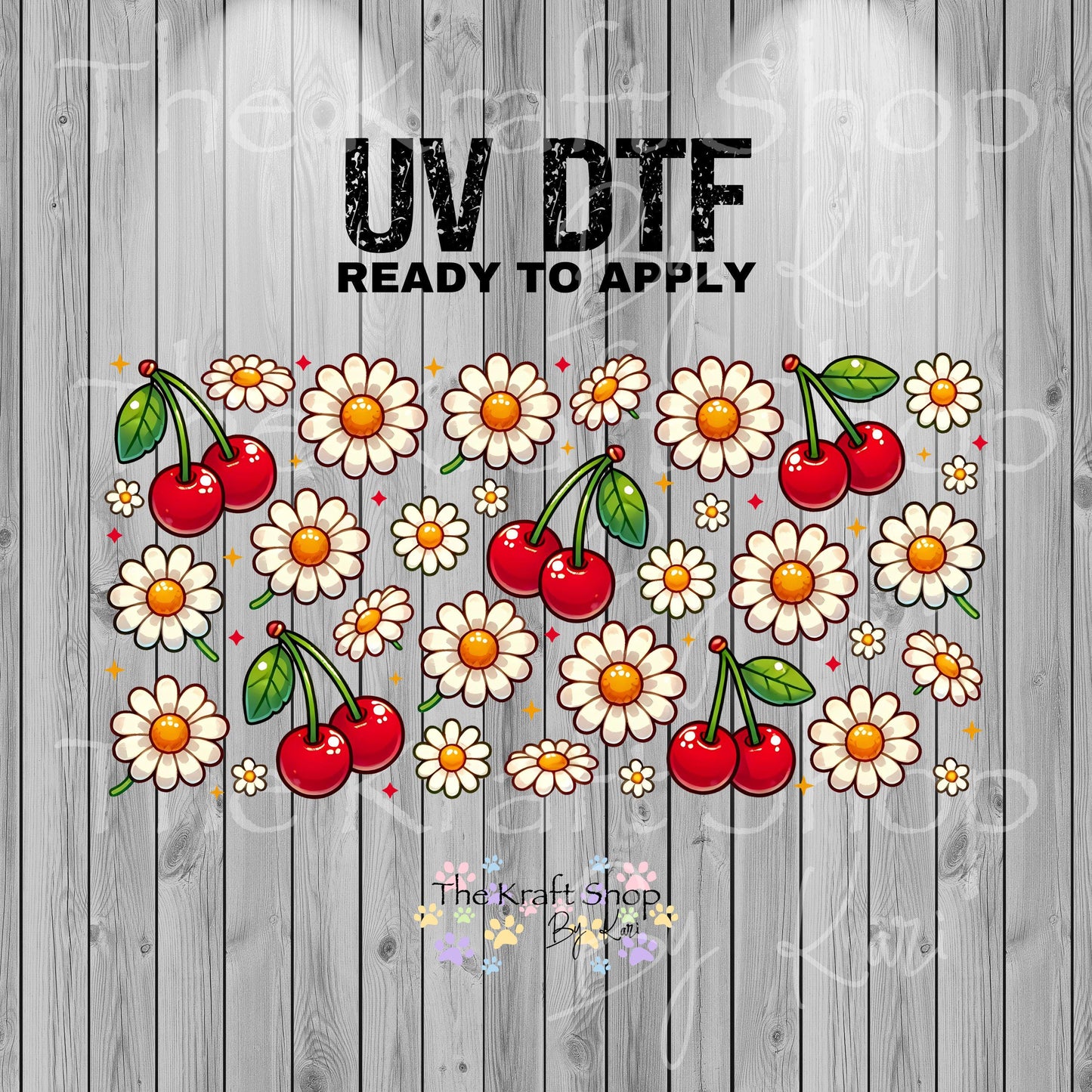 UV DTF Sticker print. Cherries with flowers and sparkles glass can wrap decal, tumbler decal, permanent sticker. #5404